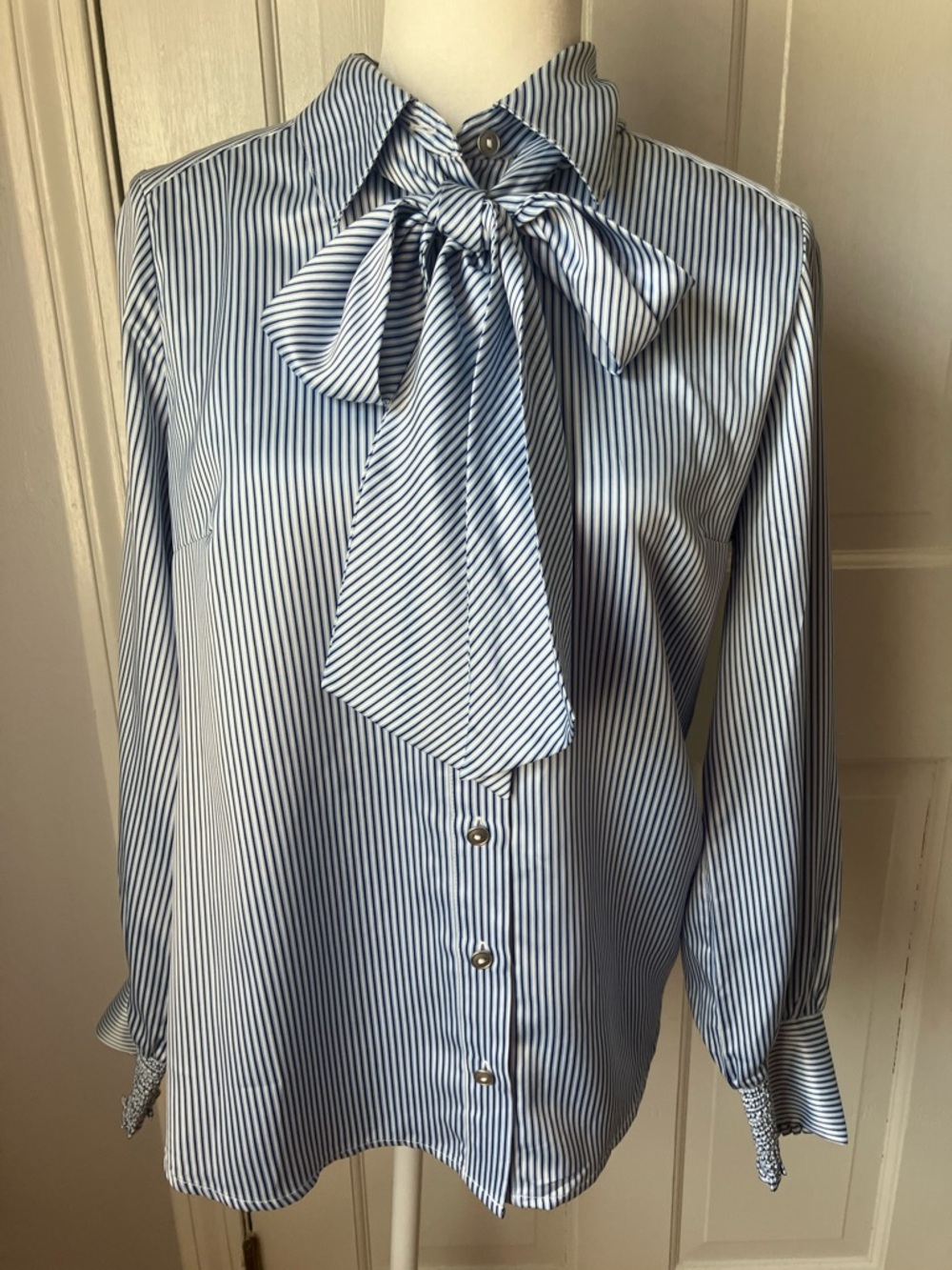 CAbi Blue and White Striped Bow-Tie Blouse S NWOT